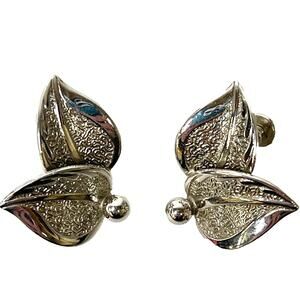 Costume Earrings Double Leaf Screw Backs Silver Tone Mid Century Vintage Jewelry